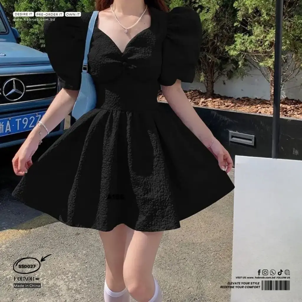 V-Neck Lantern Sleeve Jacquard A-Line Short Dress   