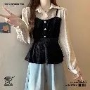 Korean Style Contrast Stitching Fake Two-Piece Waist Dress 