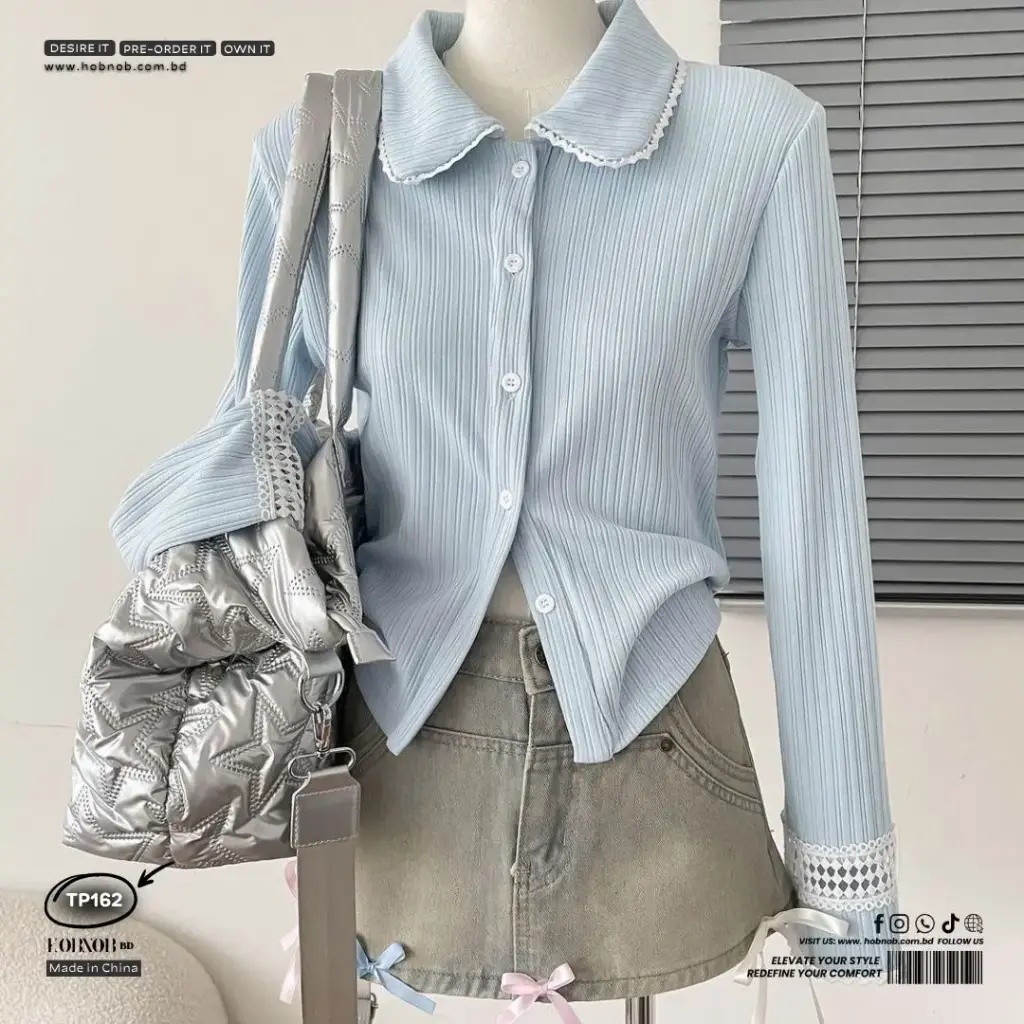  Korean-Style Blue Lace Spliced Cardigan Long-Sleeve Lapel Top