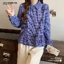 Korean Miu Blue Plaid Ruffled Long Sleeve Shirt 