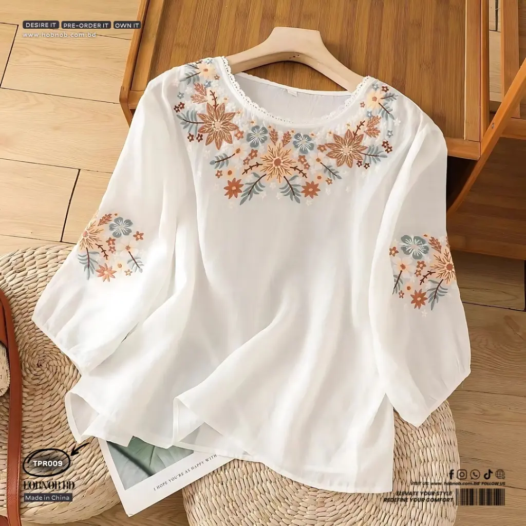  Vintage Embroidered Cotton-Linen Top Loose Fit Artistic Blouse
