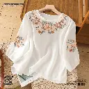  Vintage Embroidered Cotton-Linen Top Loose Fit Artistic Blouse