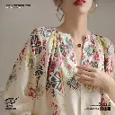  French Ethnic Printed Chiffon Top Korean-Style V-Neck Blouse  