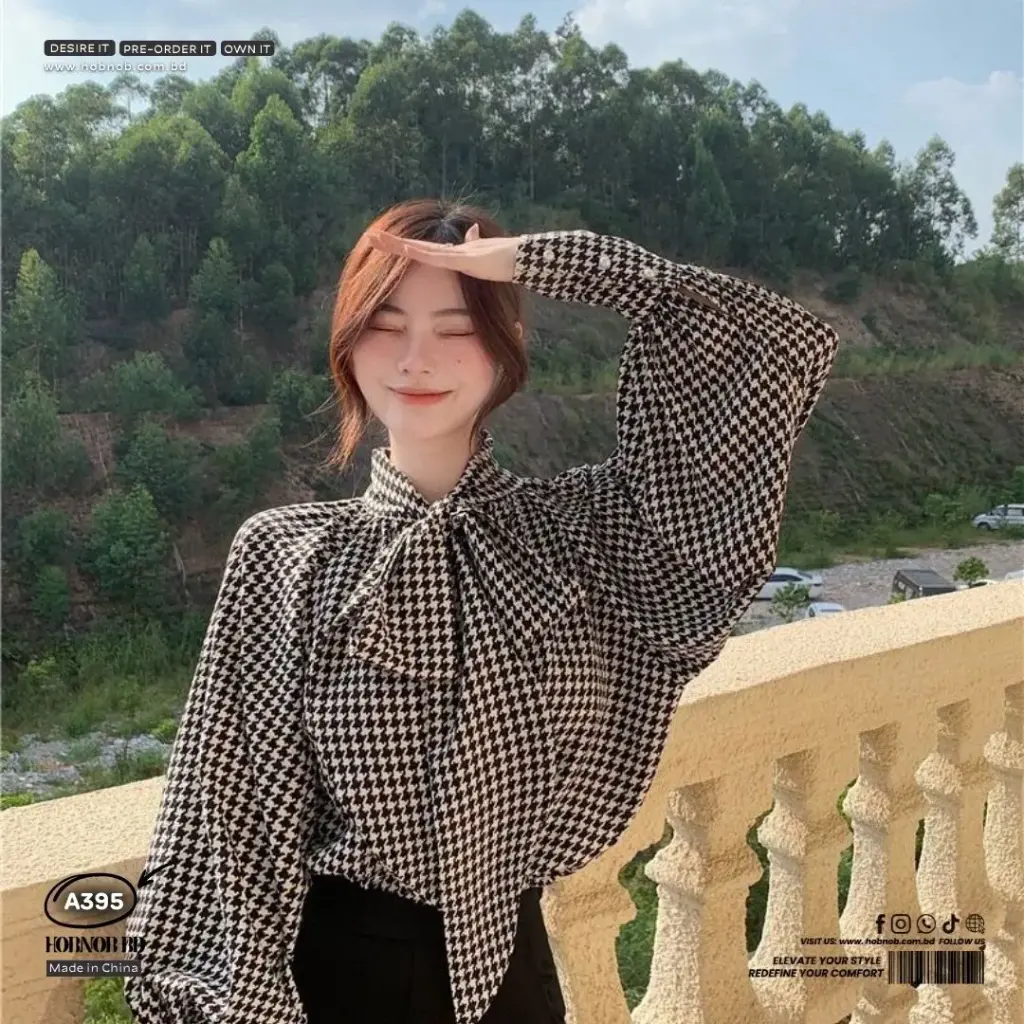 Korean Design Bowknot Houndstooth Shirt