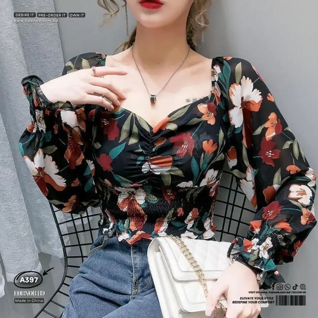 Fairy-Inspired Floral Chiffon V-Neck Shirt Slim Fit Puff Sleeve Top 