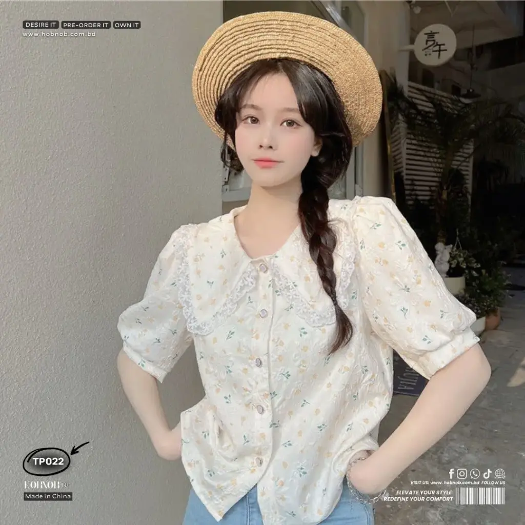 French Sweet Floral Bubble Sleeve Shirt – Doll Collar Blouse 