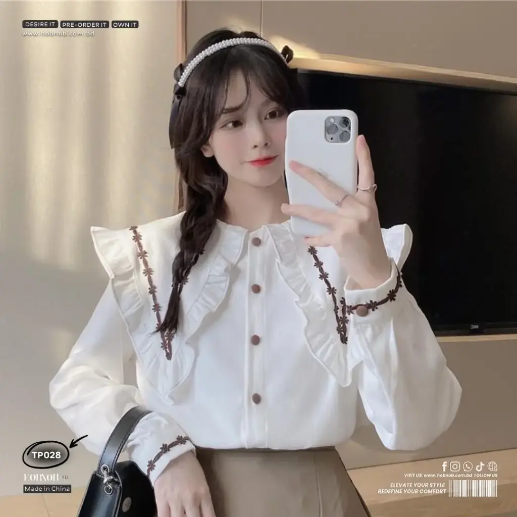 French Embroidered Doll Collar Shirt Chic Long Sleeve Top