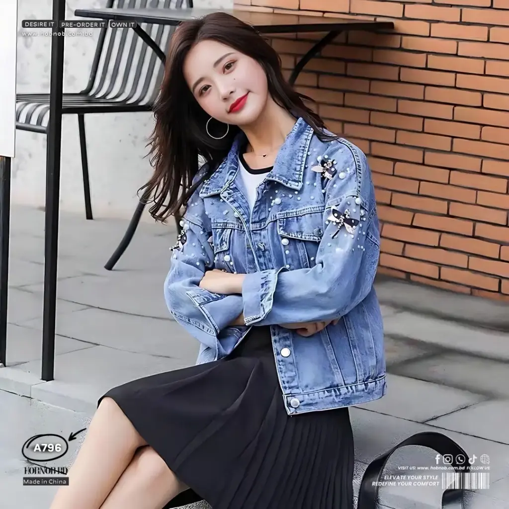 Beaded Denim Jacket  Batwing Sleeve Short Coat for Women