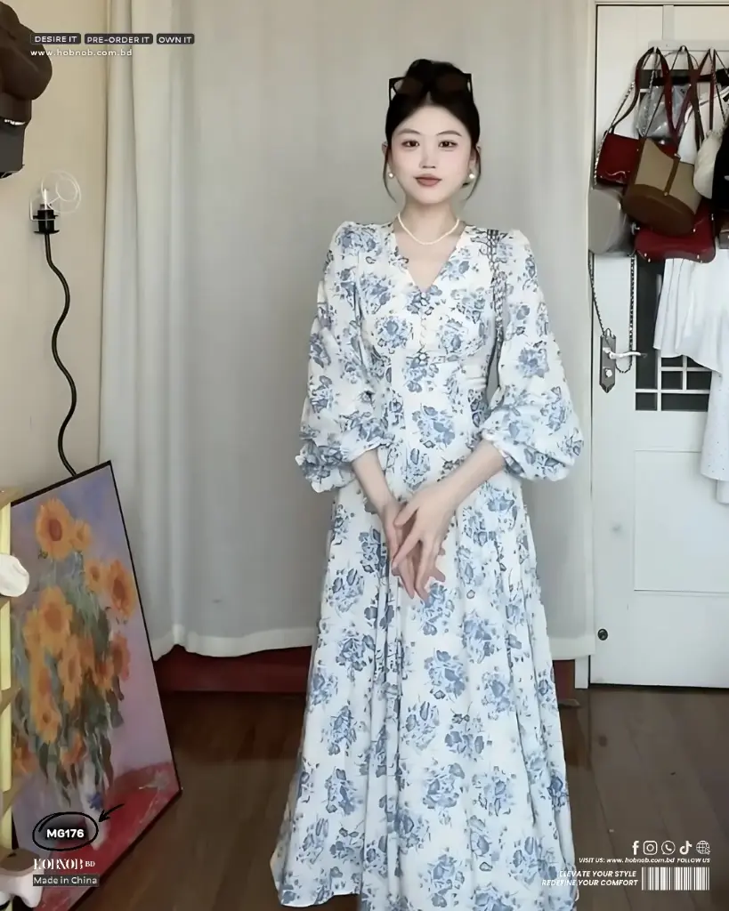 French Retro Blue Floral Chiffon Long Dress 