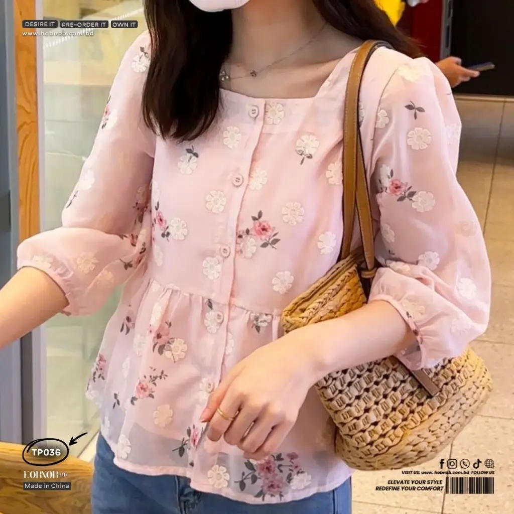 French Square Collar Chiffon Blouse Flying Sleeve Floral Top 