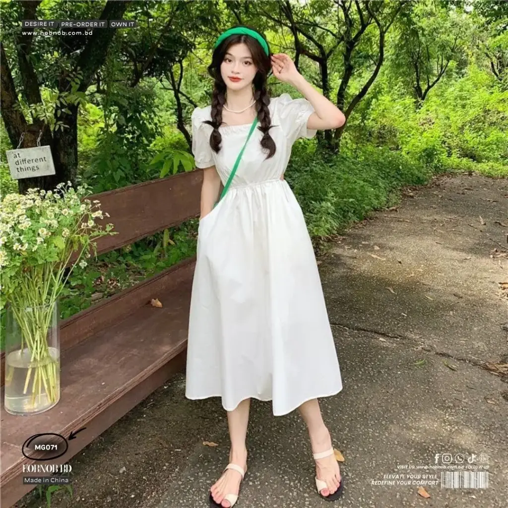 High-Waist A-Line Puff Sleeve Dress 