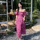 Ou Ziya French Floral One-Shoulder Puff Sleeve Dress