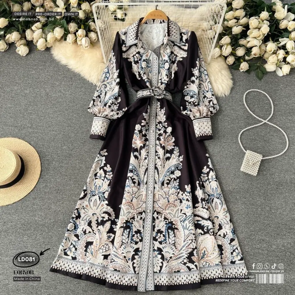 Floral High Waist Lantern Long Sleeve Dress Korean Style. 