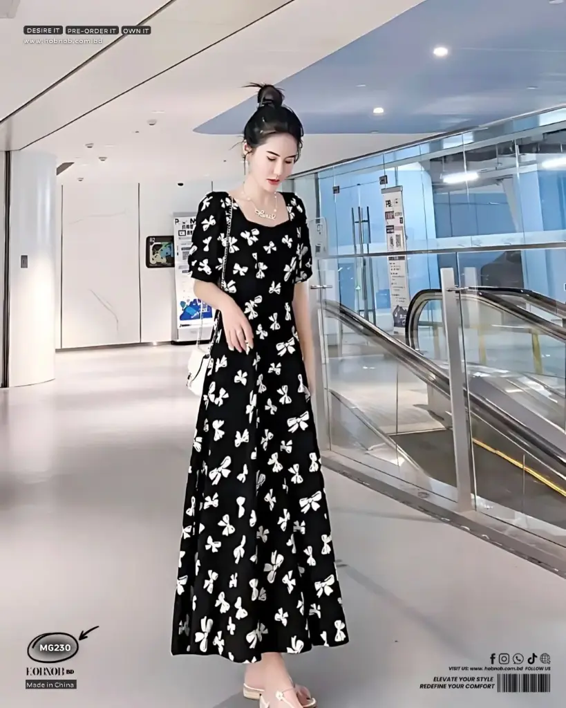 Large Size Summer Floral Long Puff Sleeves Black Dress For Women