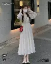 Laimei White Chiffon V-Neck Long Sleeve Swing Dress 