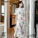  Fishtail Purple Print Floral Puff Sleeves Dress