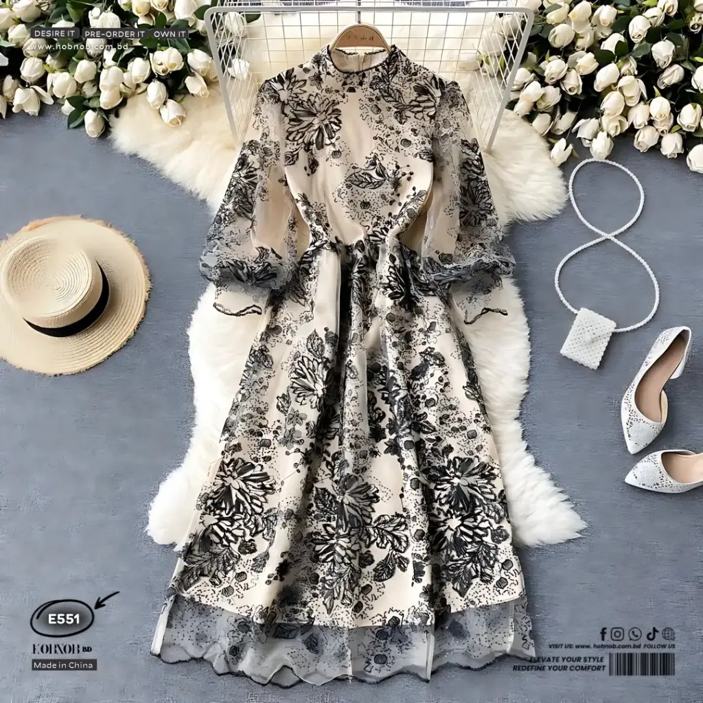 Light Luxury Style Embroidered Mesh Midi Dress