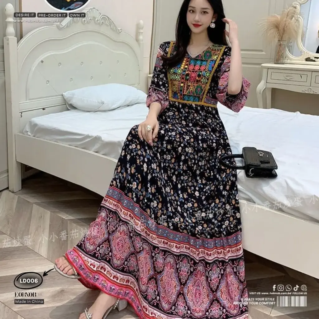Nepalese Retro Folk Floral Long Cotton Silk Dress