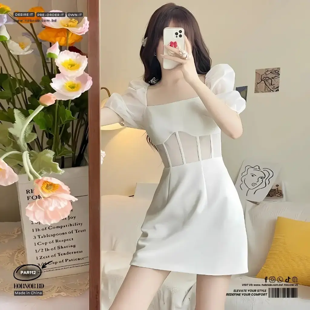 White Puff Sleeve Dress – Square Neck Fishbone A-Line Party Gown