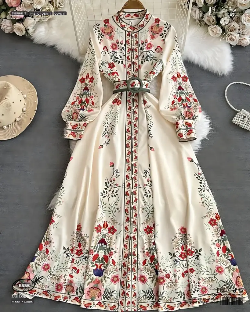 Retro Floral Midi Dress with Slim Waist