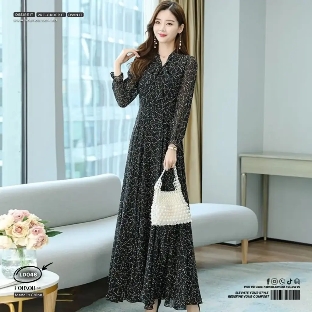 Long Sleeve Chiffon Floral Slimming Fit Dress