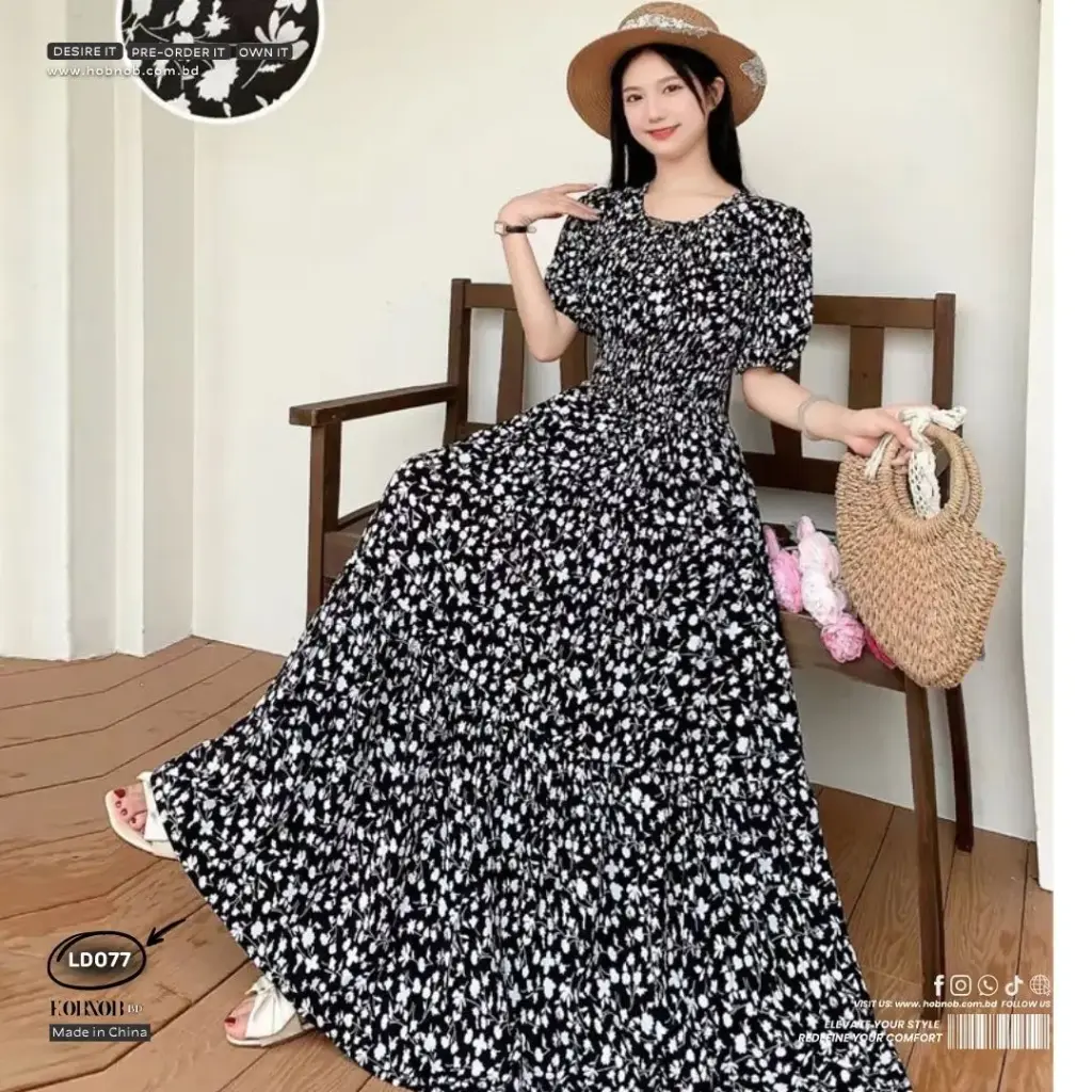 French Retro Puff Sleeve A-Line Floral Cotton Long Dress  