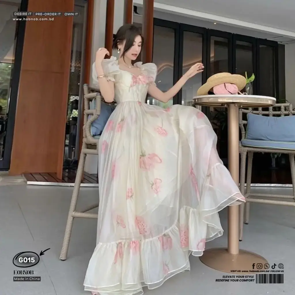 Luxury One-Shoulder French Palace Puff Sleeve Floral Gown Fairy Dress