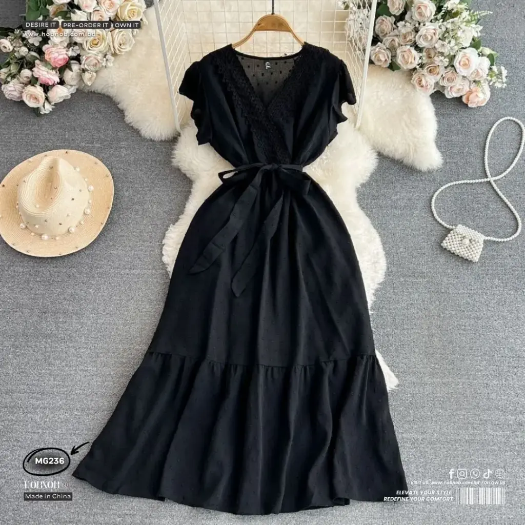  Puff Sleeve Chiffon Dress – V-Neck A-Line Ruffle Design