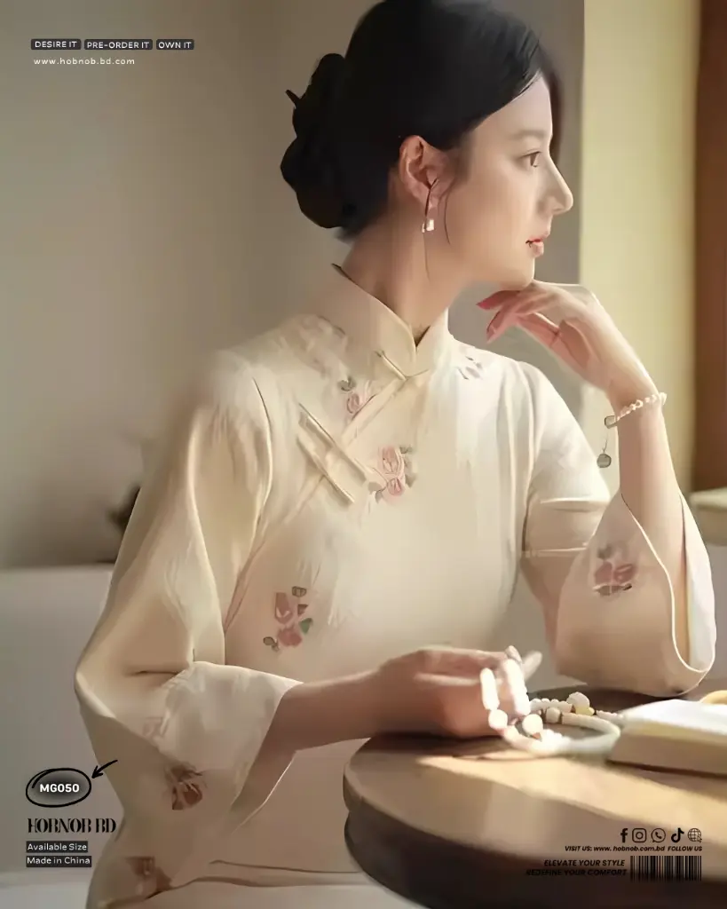 Light Blue Embroidered Long-Sleeve Cheongsam Dress