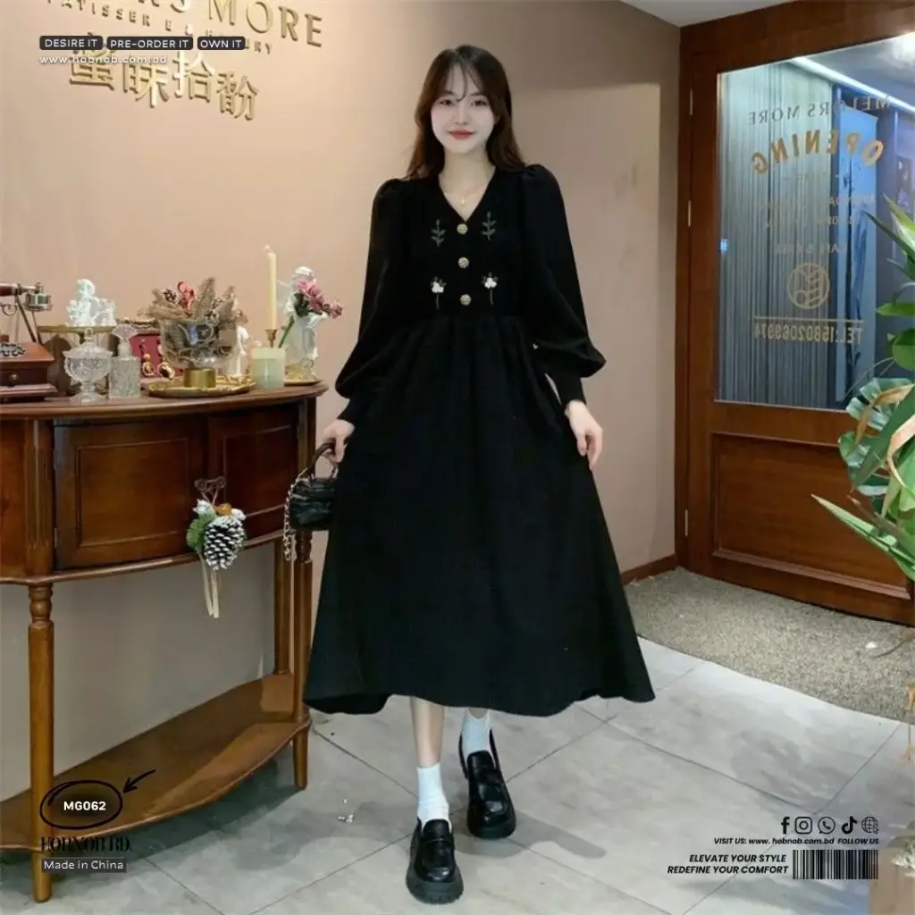 French Palace Style Corduroy Splice Knitted Dress for Women 