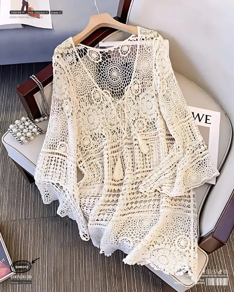 Apricot Crochet Bohemian Hollow Lace Sun Protection Blouse 